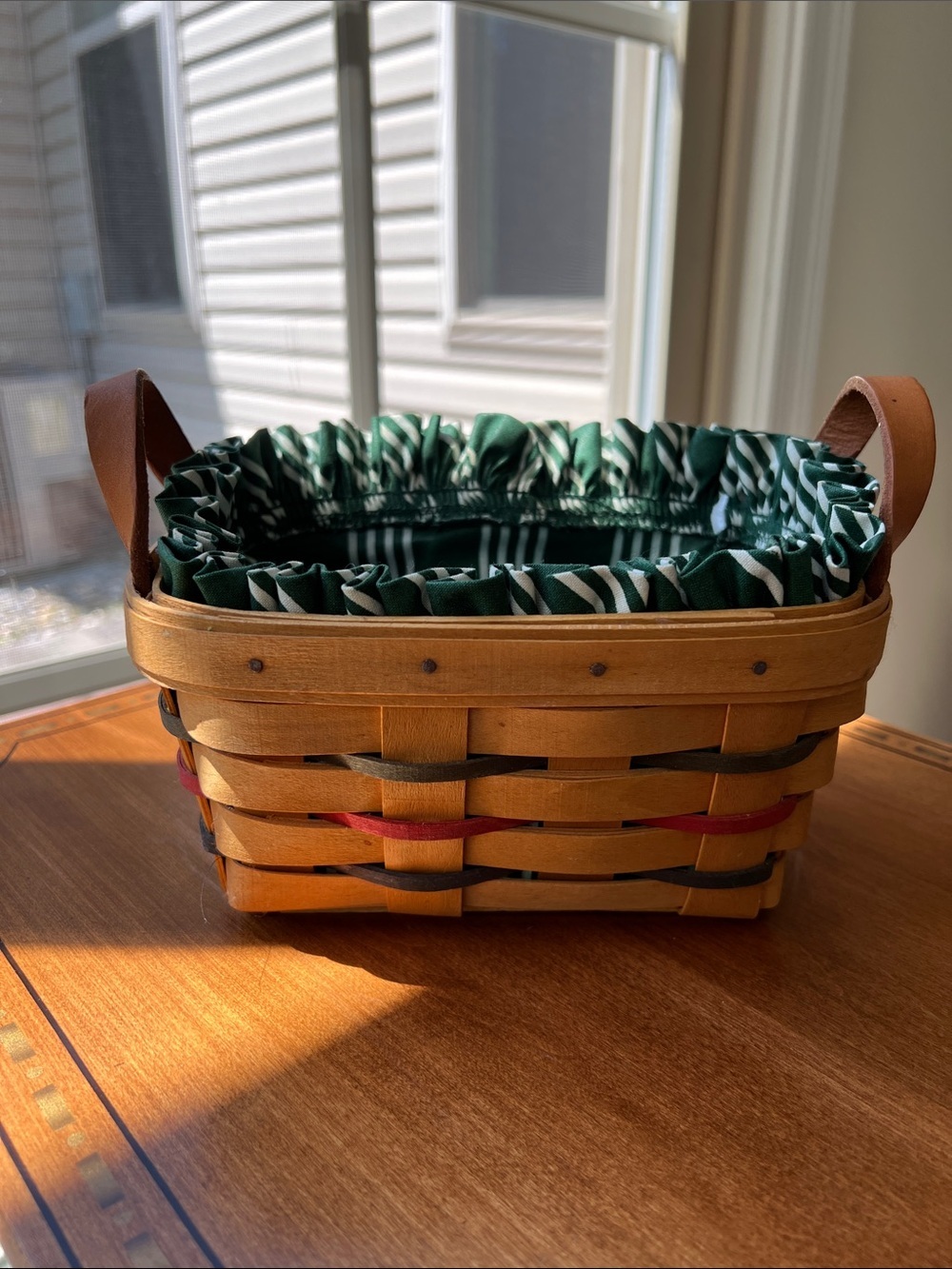 Longaberger  Woven Basket with Green Striped Liner Vintage 1998 Glad Tidings